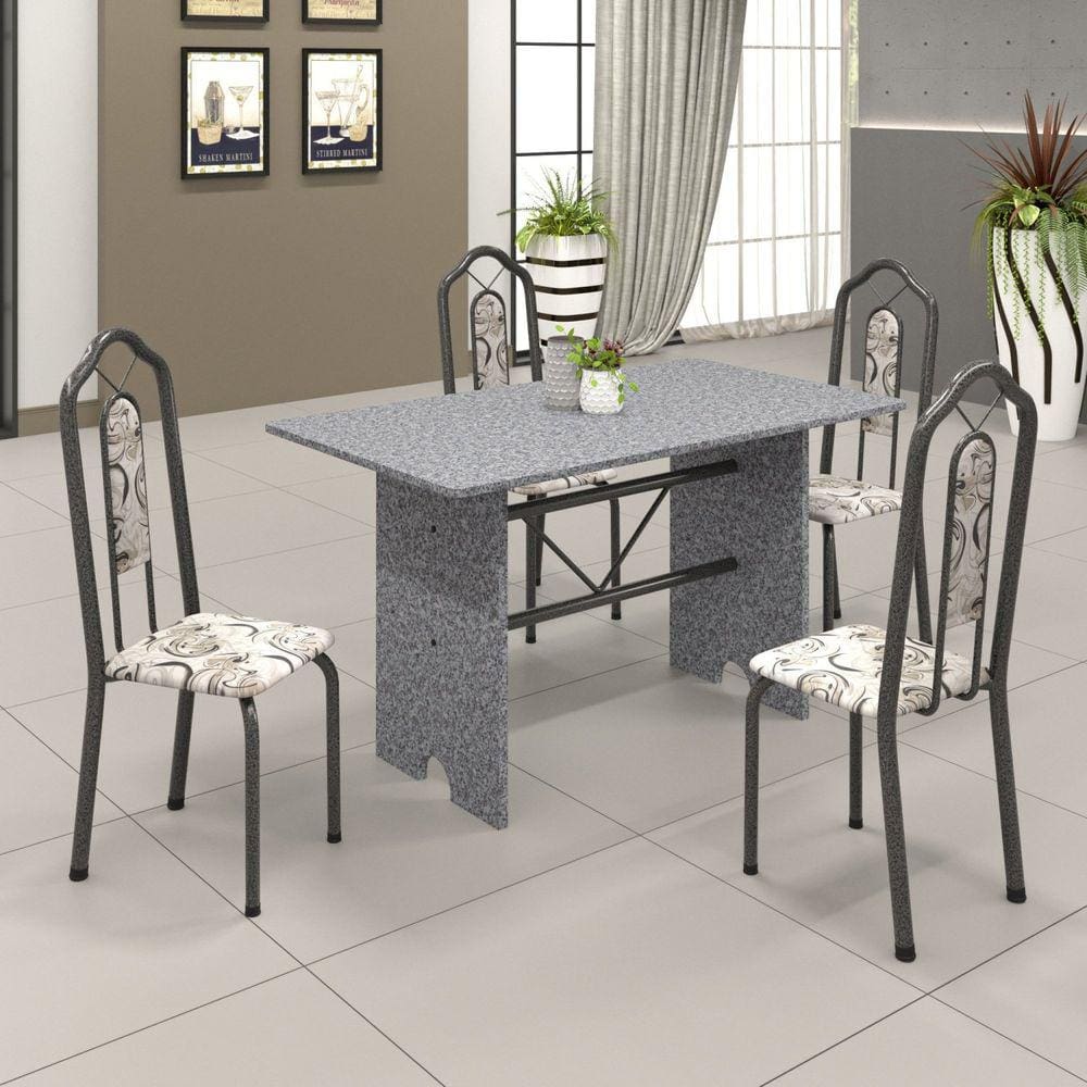 Conjunto de Mesa 120x75cm Tampo Granito com 4 Cadeiras Bianca Soma Móveis Martelado Prata/Granito Ocre/Arabesco