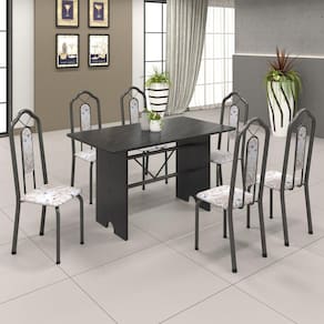 Conjunto de Mesa 140x75cm Tampo Ardósia com 6 Cadeiras Bianca Soma Móveis Martelado Prata/Ardosia Indiano/Botanic Bege