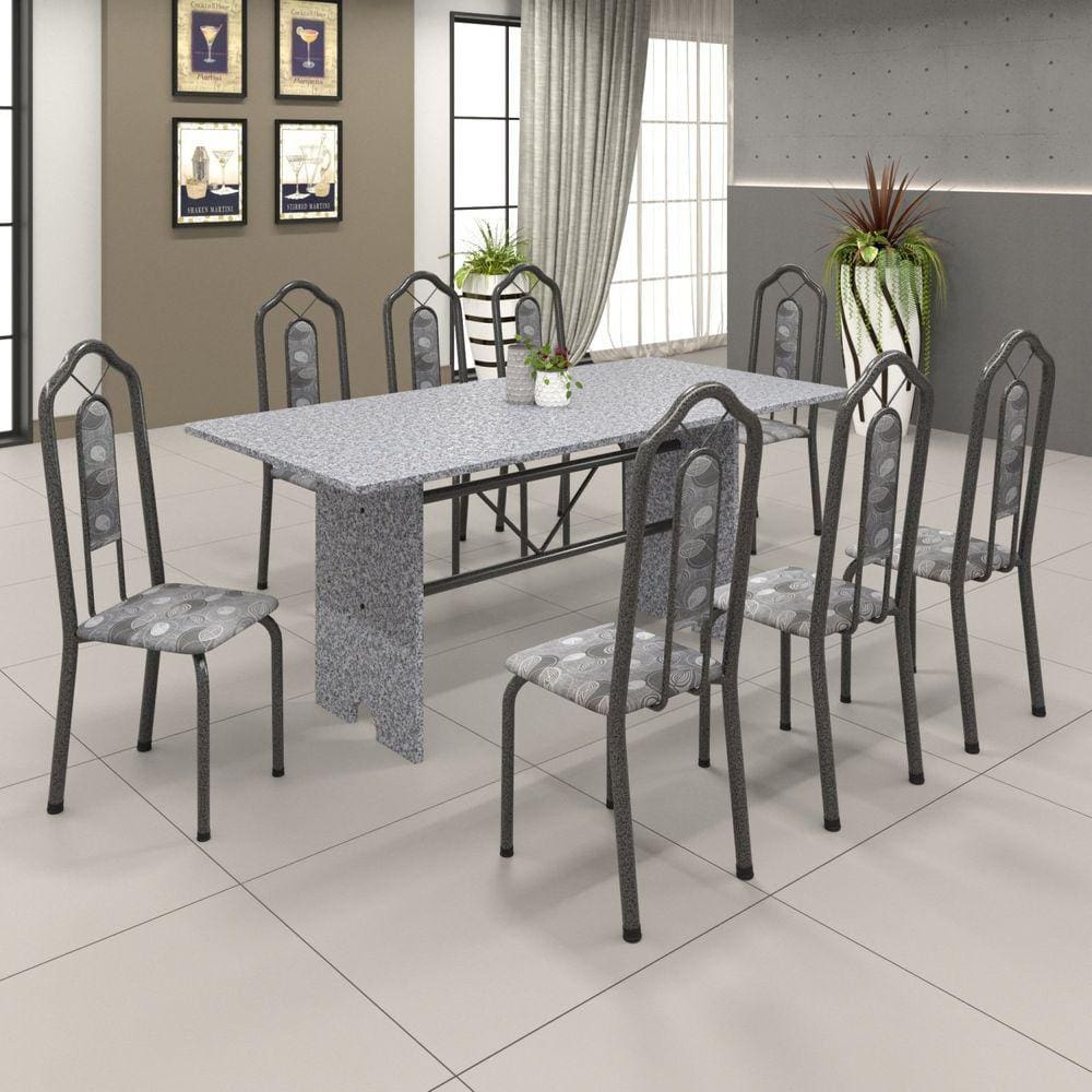 Conjunto de Mesa 180x75cm Tampo Granito com 8 Cadeiras Bianca Soma Móveis Martelado Prata/Ocre/Paraopeba