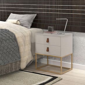 Mesa de Cabeceira Estilo Industrial Unic Puxador Couro Estilo Europeu Base Dourada