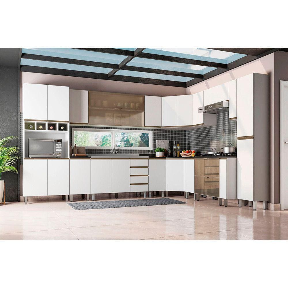Cozinha Modulada Completa 16 Peças sem Tampo de 120 Branco com Vidro Reflecta Pérola Luciane Móveis