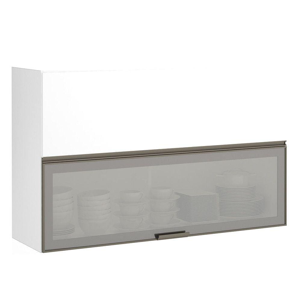 Armário Basculante Misto Perola 120cm 1 Porta Fechada 1 Porta com Vidro Reflecta Prata Luciane