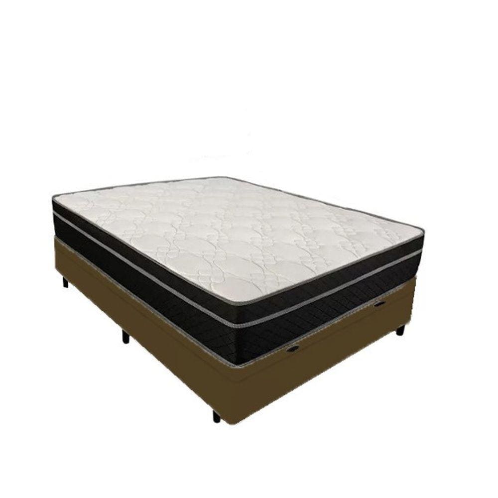 Cama Box Baú Casal 138 - Tecido Sintético Marrom com Colchão Paris - Molas Ensacadas Preto 56x138x188