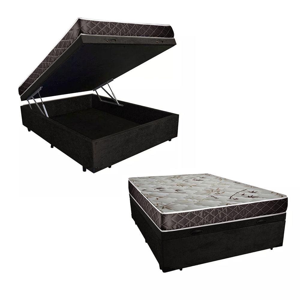 Cama Box Baú Casal Colchão Aylla Espuma D33 Acolchões + Box Suede 61x138x188 Preto