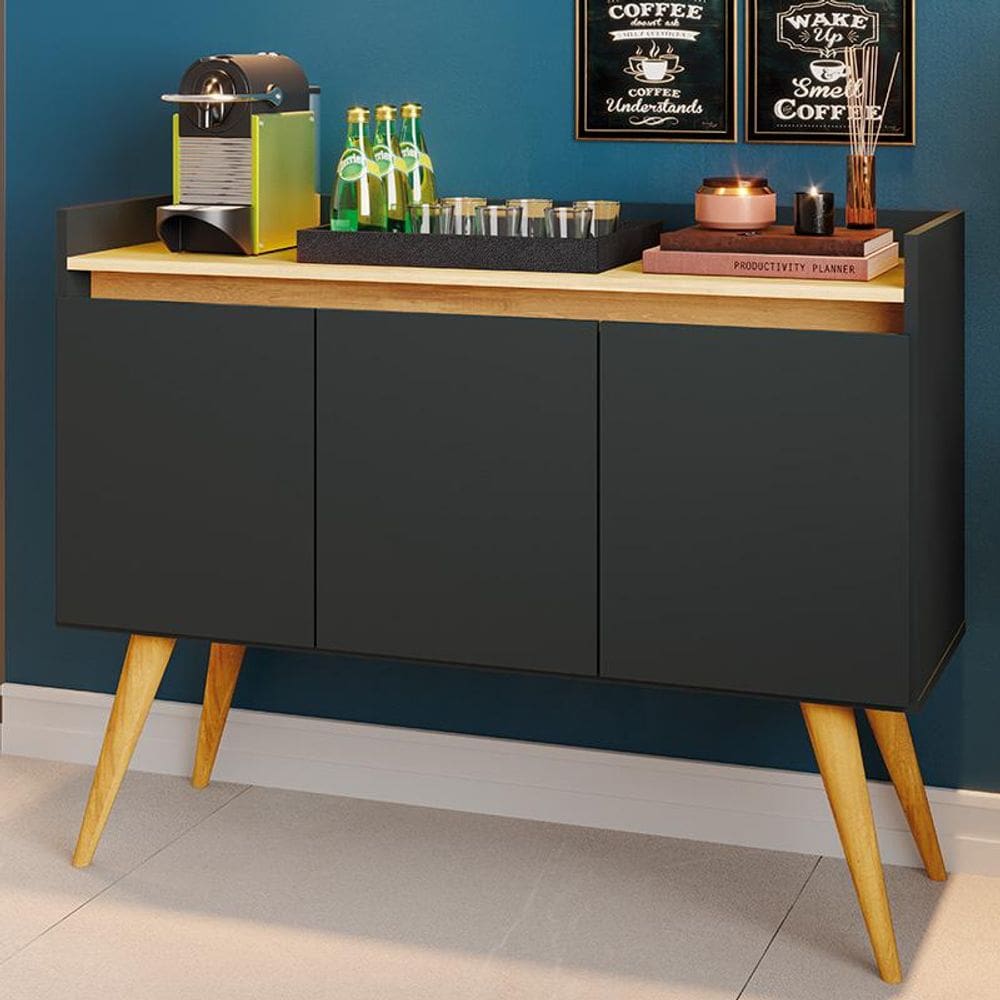 Aparador Buffet Sala Gold 3 Portas com Pés de Madeira Maciça