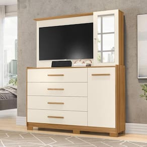 Cômoda Quarto Com Painel Para Tv Ilhabela 4 Gavetas 2 Portas Carvalho off White Carvalho off White