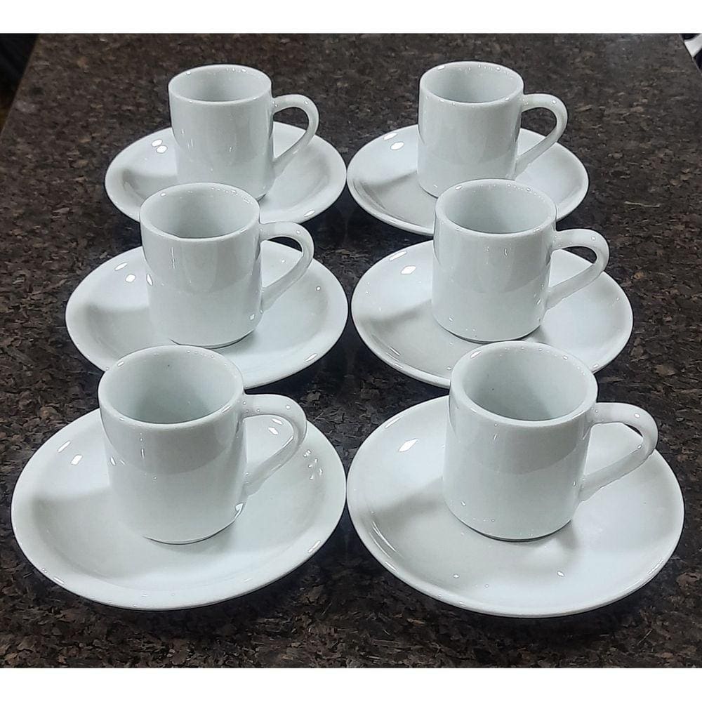 Jogo 6 xícaras café 80ml base reta com pires - Porcelana branca