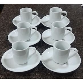 Jogo 6 xícaras café 80ml base reta com pires  - Porcelana branca