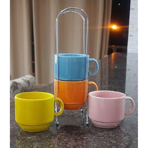 Kit Jogo 4 Xicaras Café/Chá hotel 200ml Empilháveis com suporte - Porcelana Colorida