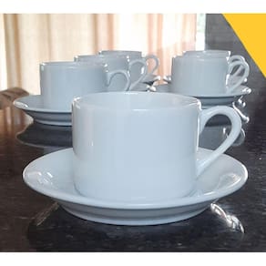 Jogo 6 xícaras de Café e Chá com pires - 170 ml Base Reta - Porcelana branca