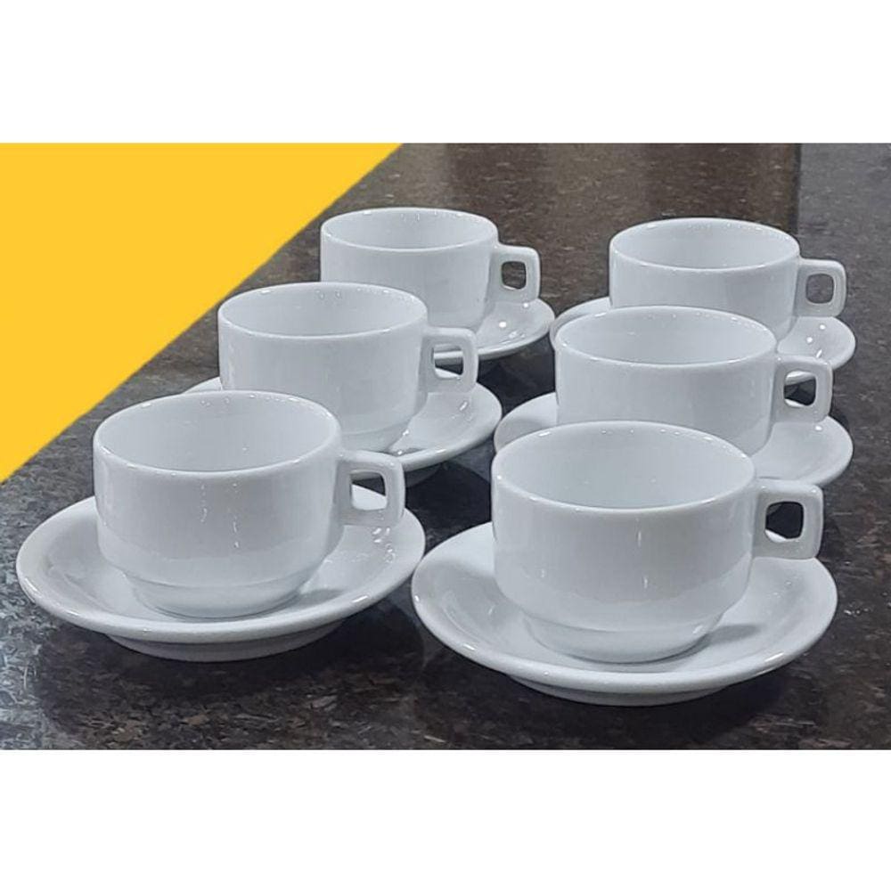 Kit Jogo 6 xícaras Café 100ml empilháveis com pires - Porcelana branca (2)