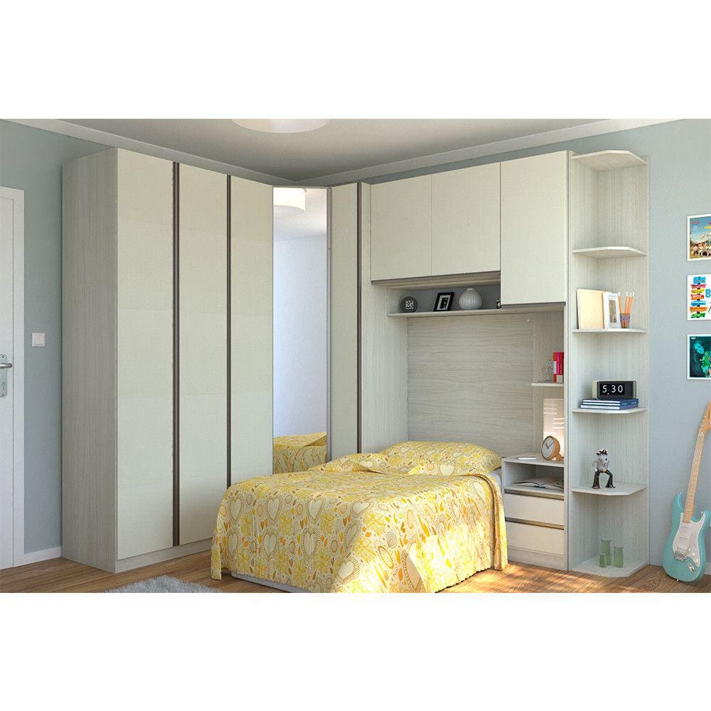 Guarda Roupa de Canto Solteiro com Espelho Legno Crema com Kashmir Prime Luciane Móveis