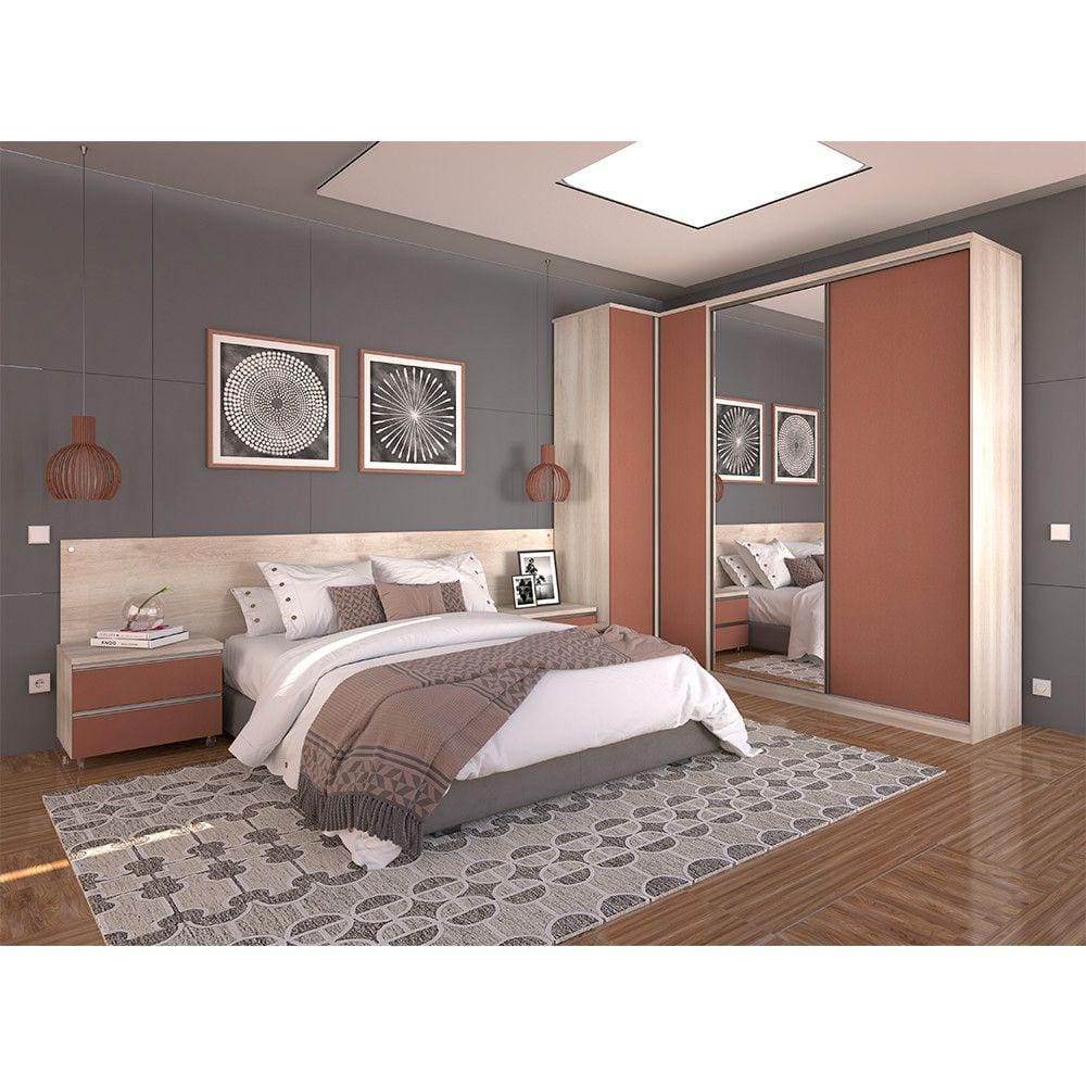 Quarto de Casal com Mesa de Cabeceira, Guarda Roupa com Espelho e Cabeceira Prime Luciane Móveis