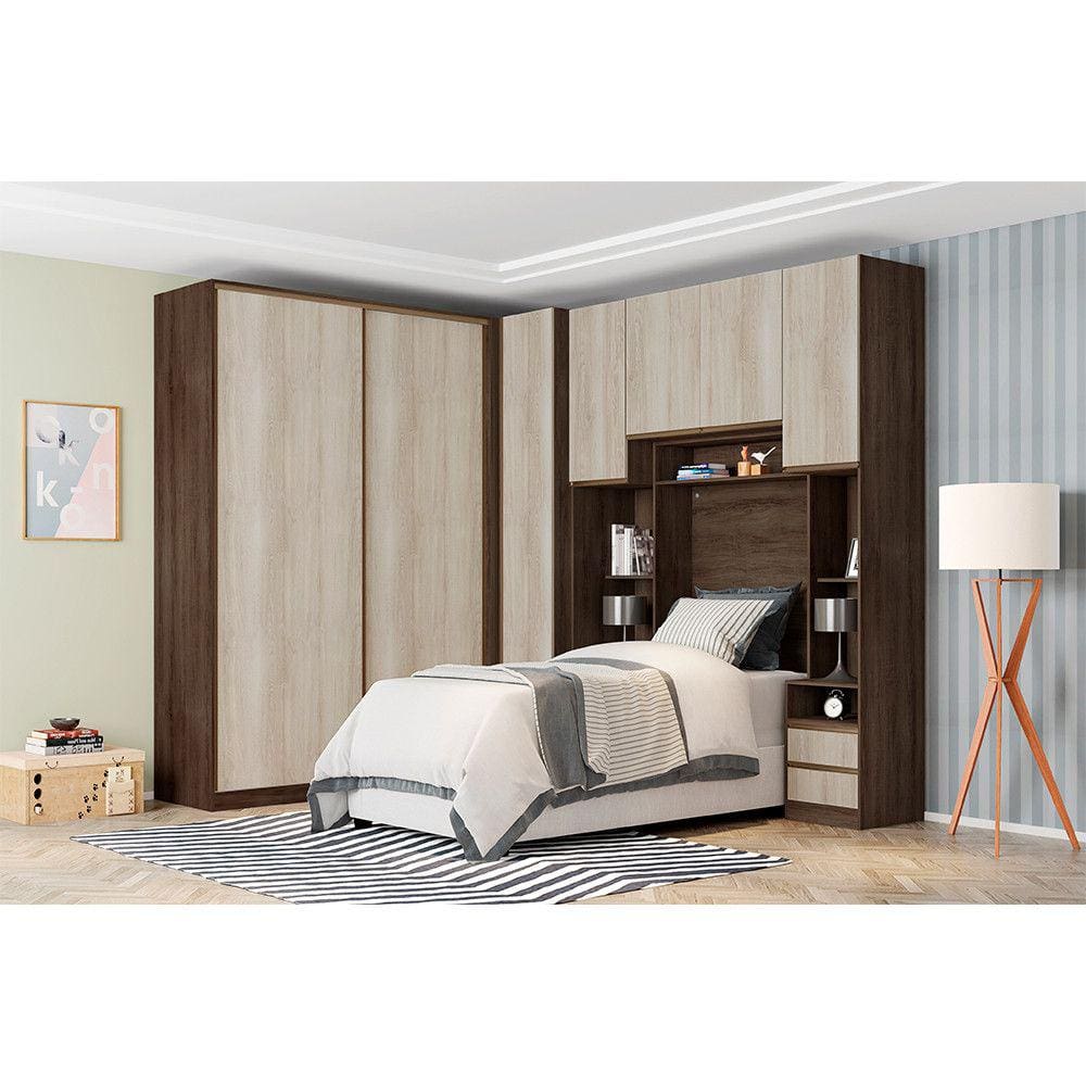 Guarda Roupa Solteiro de Canto Nogueira Dourado com Legno Crema Prime Plus Luciane Móveis