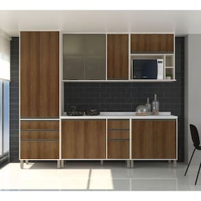 Cozinha Completa Modulada 6 Peças, Armário Vidro Reflecta, Paneleiro e Balcões Linea Luciane Móveis