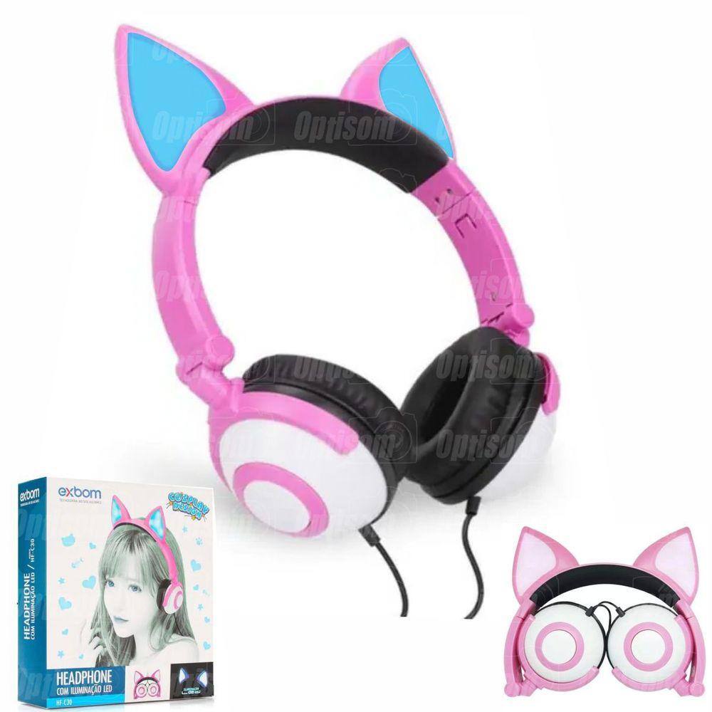 Fone Orelhas De Gatinho Led - Headphone Bluetooth Bass Exbom Rosa