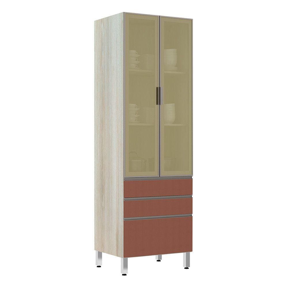Paneleiro 70cm 2 Portas Vidro Reflecta Bronze 2 Gavetas 1 Gavetão Luci Luciane Móveis