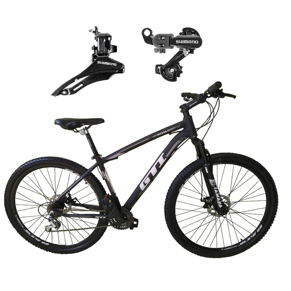 Bicicleta Aro 29 Gti Roma Alumínio Câmbios Shimano 21v Freio a Disco Garfo Suspensão - Preto/Cinza