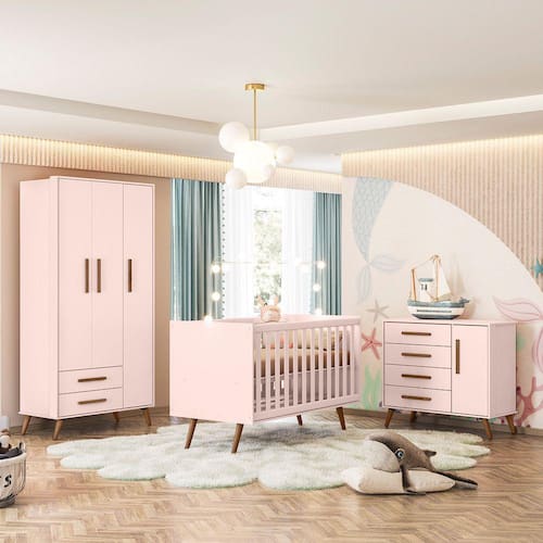 imagem-Quarto de Bebê Completo Qencanto Retrô Qmovi Rosa - Rosa Claro