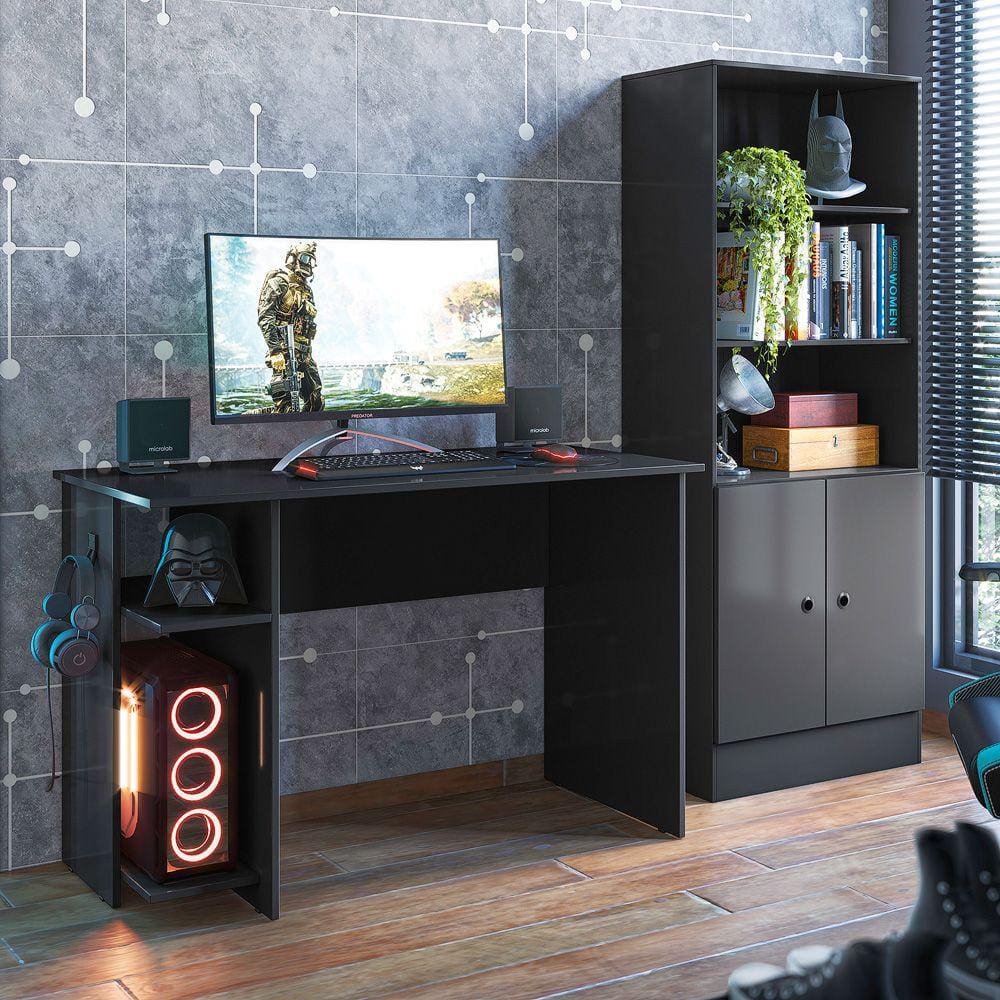 Conjunto Livreiro e Mesa Gamer Qmovi Preto