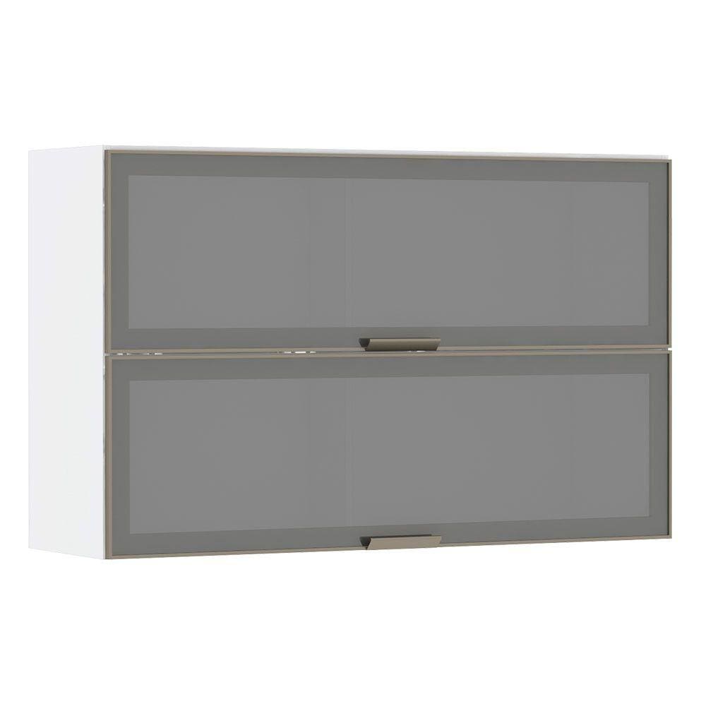 Armário Aéreo Basculante Duplo 120 cm Branco 2 Portas com Vidro Reflecta Prata Pérola Luciane Móveis