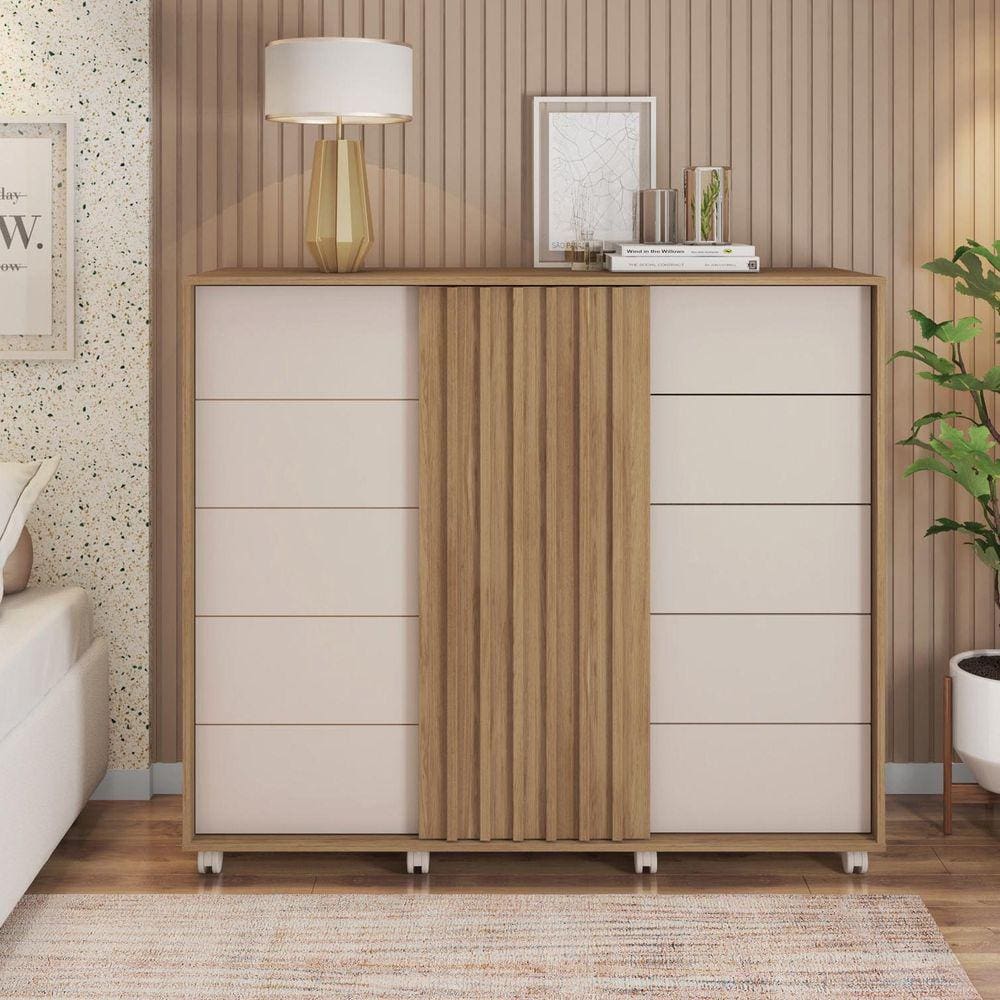 Cômoda 2 Portas 5 Gavetas Pegasus Caemmmun Buriti/Off White