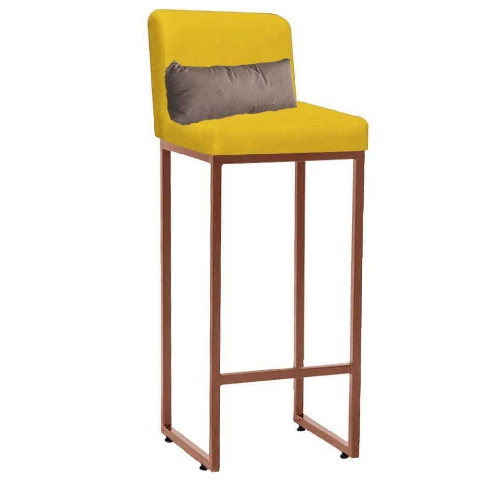 Banqueta Alta Industrial Ferro Bronze Suede E Almofada Bege