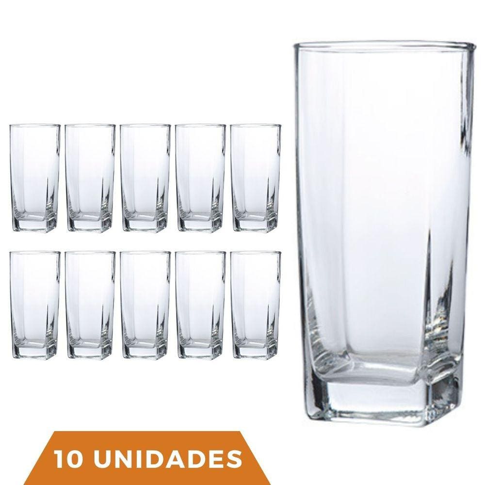 Copo Vidro 320ml Quadrado Bali Jogo com 10 Transparente Luxo