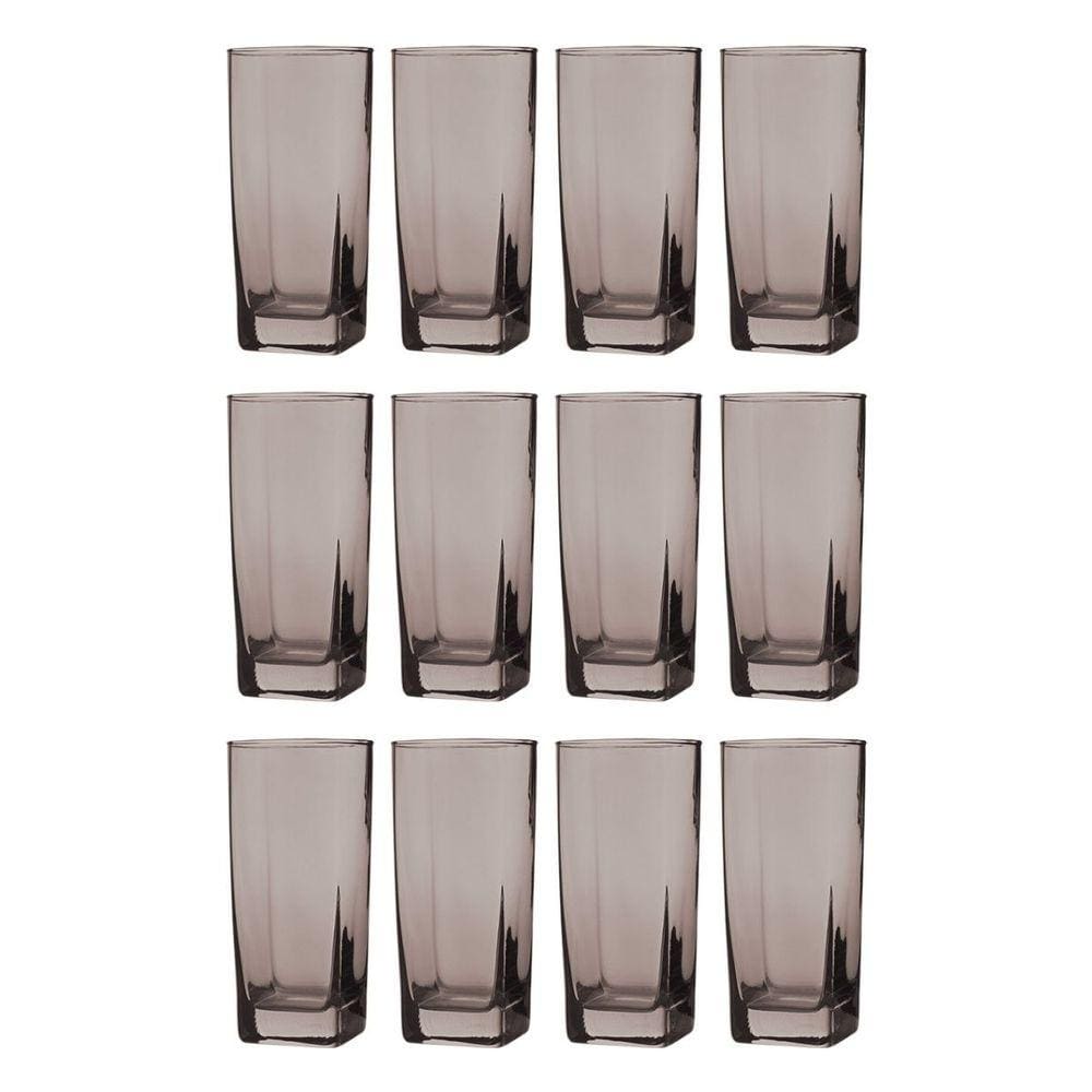 Conjunto Com 12 Copos Vidro Bali Quadrado 320ml Cinza