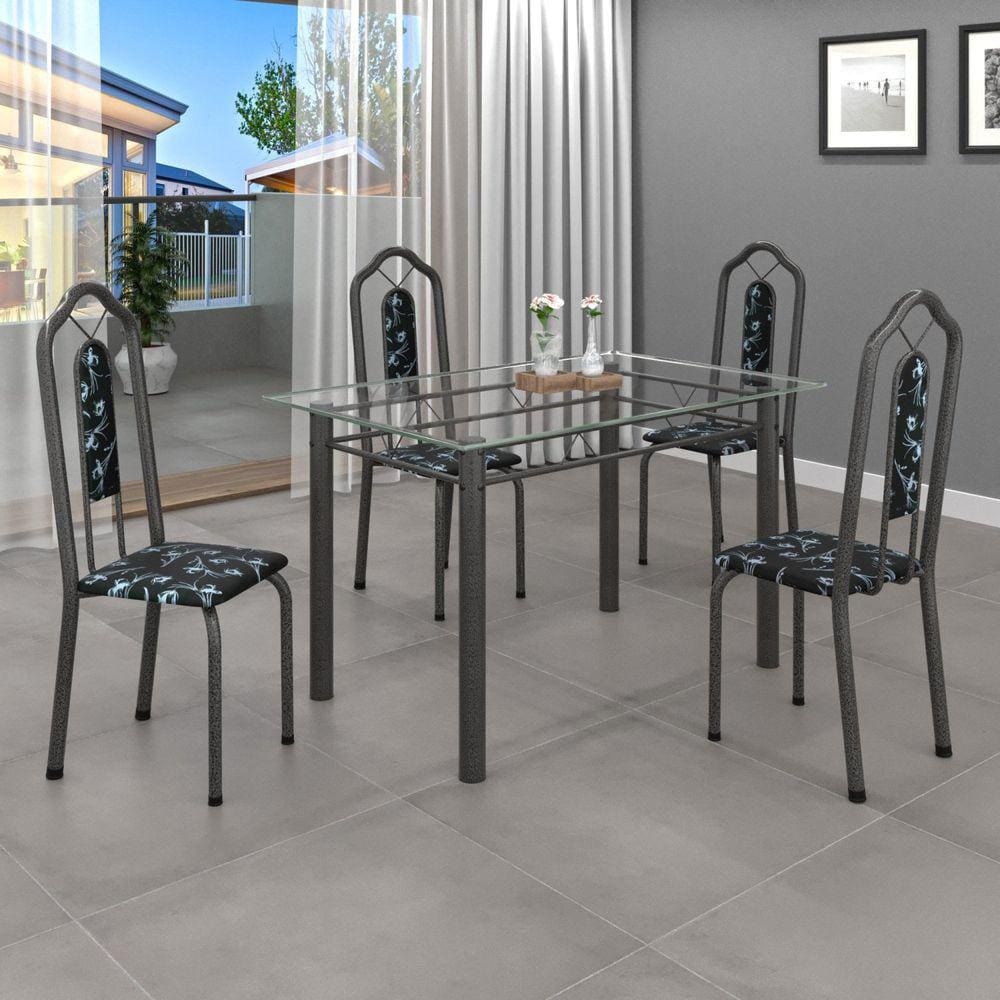 Conjunto de Mesa 120x75cm Tampo Vidro com 4 Cadeiras Bianca Soma Móveis Preto Floral/Mart Prata/Vidro Incolor