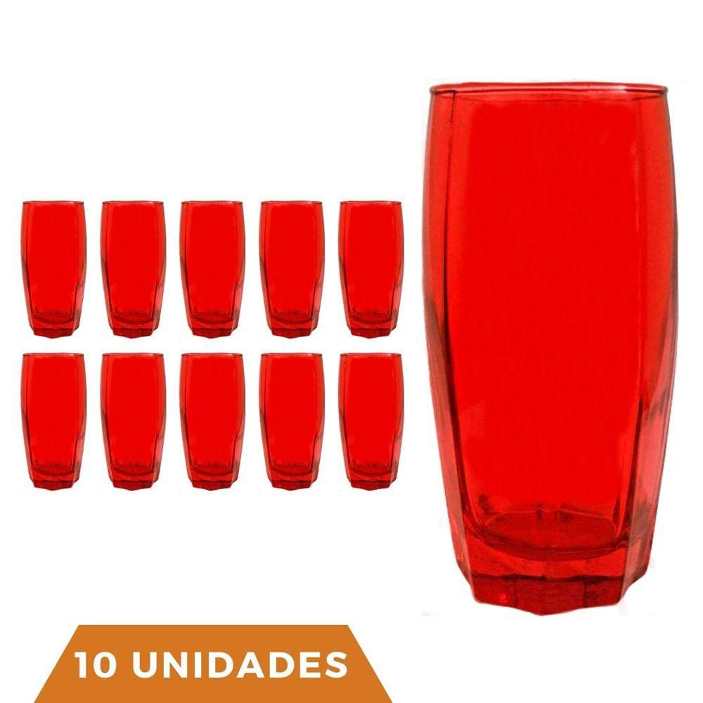 Copos Vidro Jogo com 10 Florence 370ml Vermelho Luxo Almoço