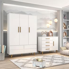 Quarto de Bebê Ludmila Guarda Roupa 3 Porta com Gavetas Lorena Cômoda Infantil 4 Gavetas com Porta Branco Fosco Carolina Baby