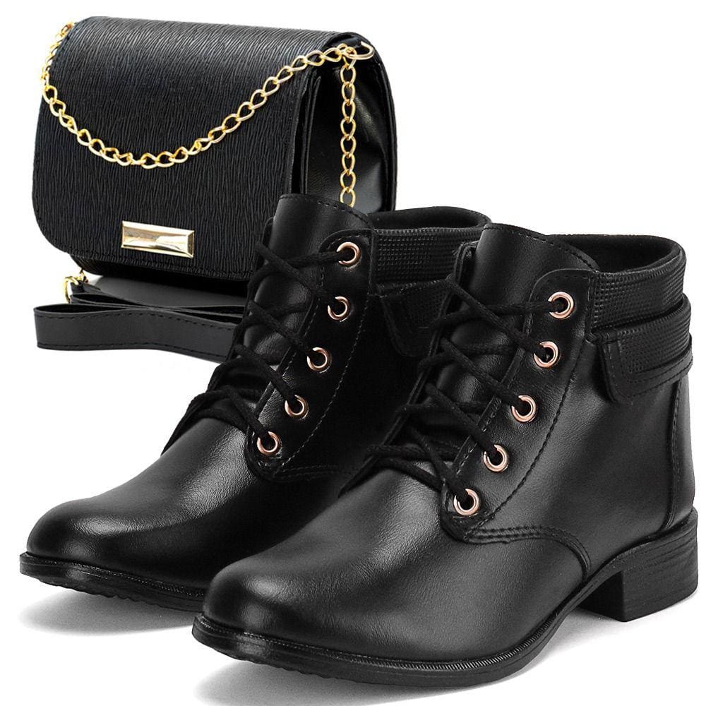 Bota Feminina Cano Curto Confortável + Bolsa Com Alça Ajustável
