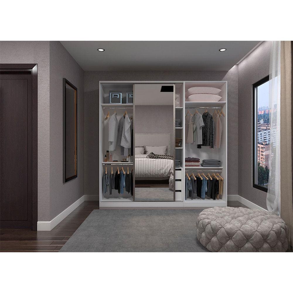 Guarda Roupa Closet 2 Peças, 3 Gavetas, 4 Cabideiros com Espelho Branco Prime Luciane Móveis