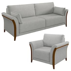 Kit Sofá Living 3 Lugares e Poltrona 102cm Pés Madeira Roya M22 Linho Cinza - Mpozenato