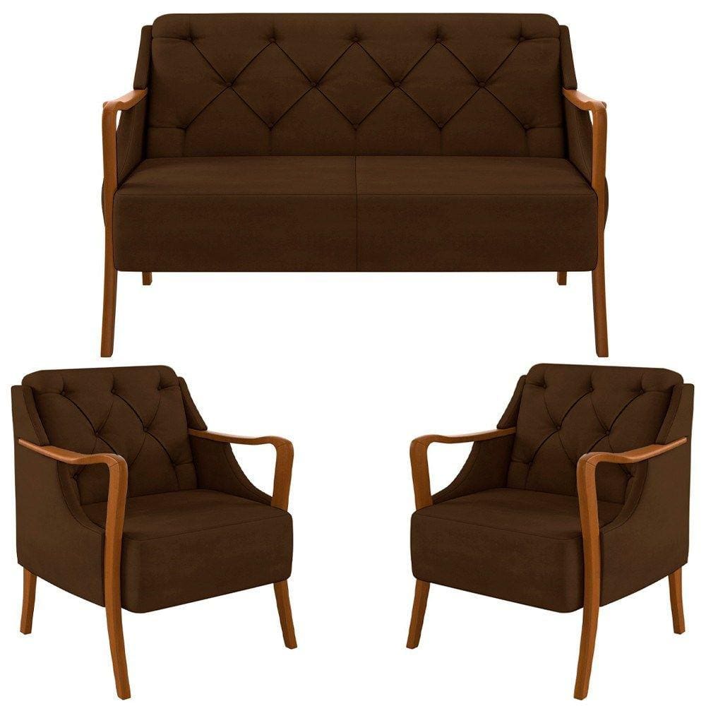 Kit Namoradeira 135cm e 2 Poltronas Decorativas Capitonê Lapa M22 Veludo Marrom - Mpozenato