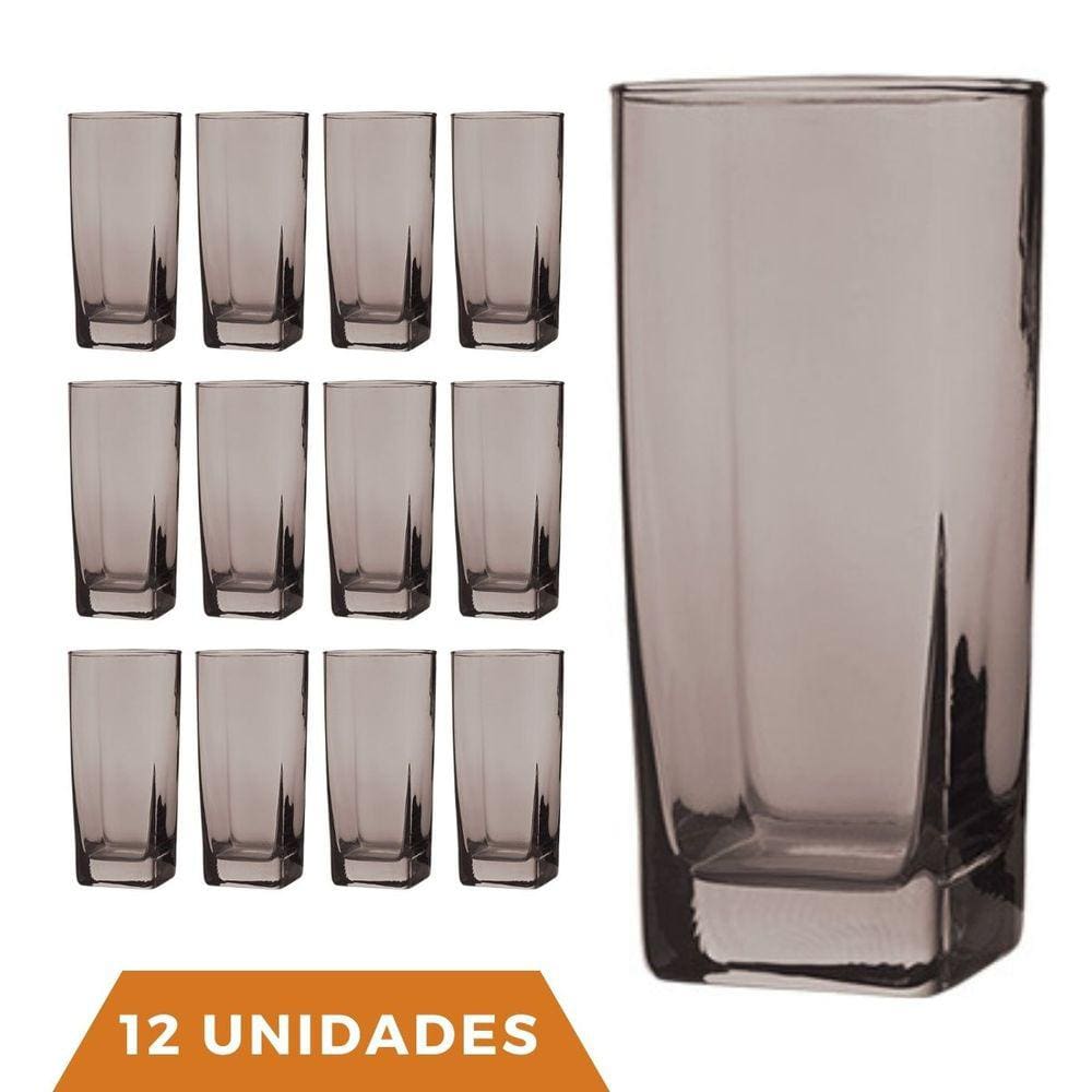 Copo Vidro 320ml Quadrado BALI Kit com 12 Cinza Luxo