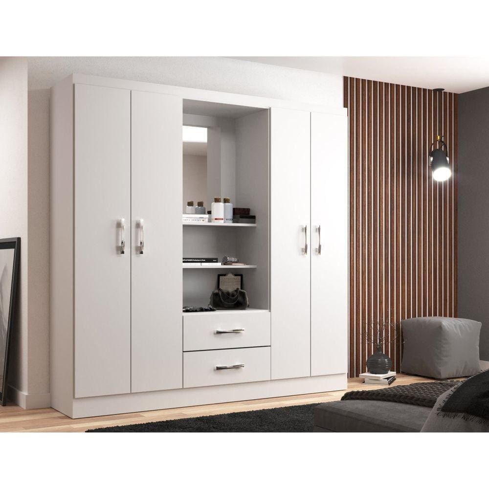 Guarda Roupa Casal com 4 Portas 2 Gavetas Capelinha Evidência Móveis Branco