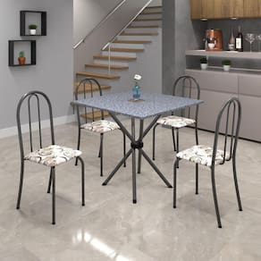 Conjunto de Mesa Tubular 70x70cm Tampo em Granito com 4 Cadeiras Ane B Soma Móveis Arabesco/Martelado Prata/ Granito Ocre