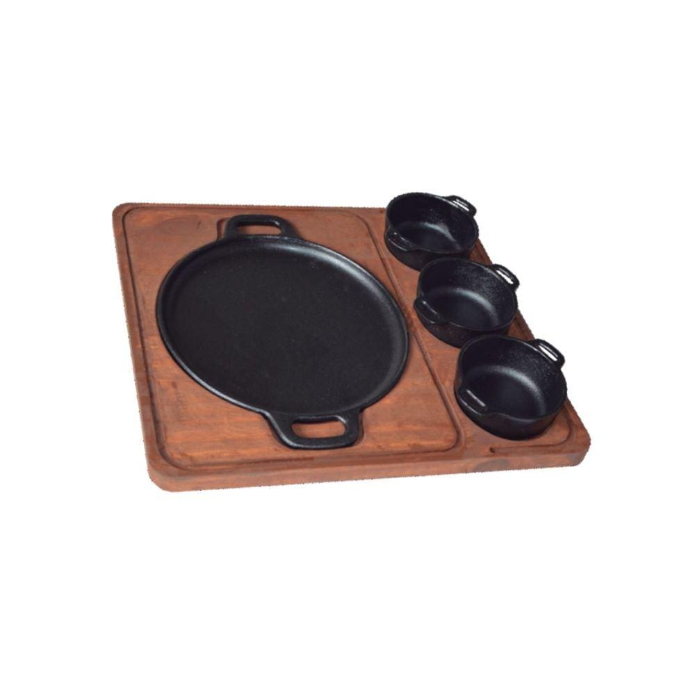 Bifeteira Redonda com Suporte de Madeira 20cm e 3 Molheiras