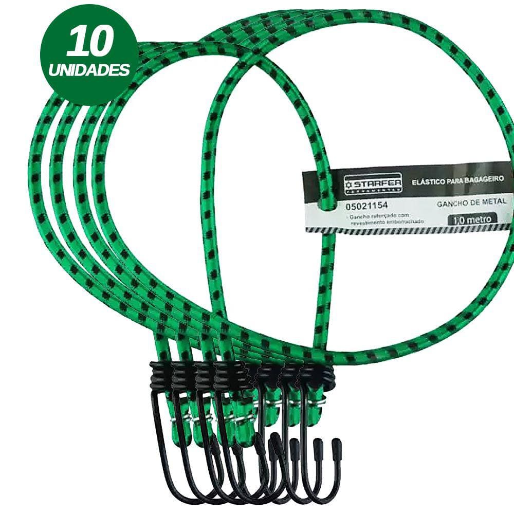 Kit 10 Elástico Bagageiro com Gancho Metal 1 Metro Verde e Preto - Starfer