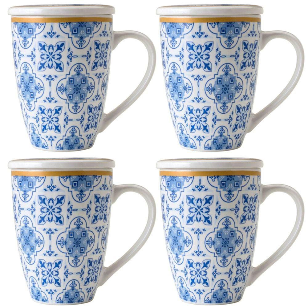 Jogo 4 Xícaras de Chá Porcelana Branca com Tampa e Infusor Inox 310ml Lisboa Lyor Azul