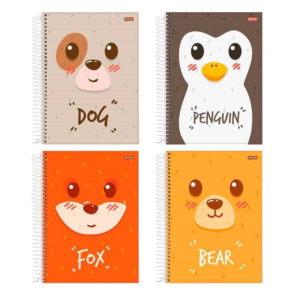 Caderno Espiral Jandaia Universitário Capa Dura Cute Animals 10 Matérias 160 Folhas Embalagem com 4 Unidades