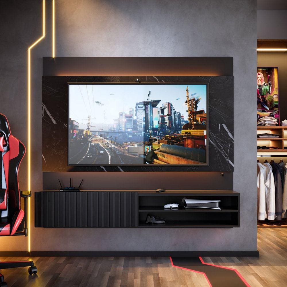 Painel para TV até 65 Polegadas Ripado com Marmorizado 3D e Fita de LED Ibiza Plus Yescasa Preto Fosco/Grigio