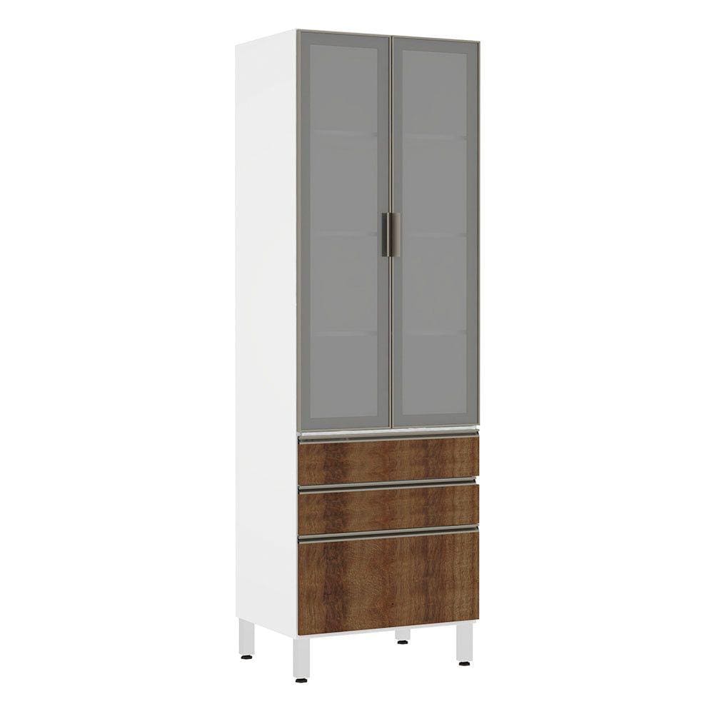 Paneleiro Torre 70cm 2 Portas com Vidro Reflecta Prata 2 Gavetas 1 Gavetão Pérola Luciane Móveis