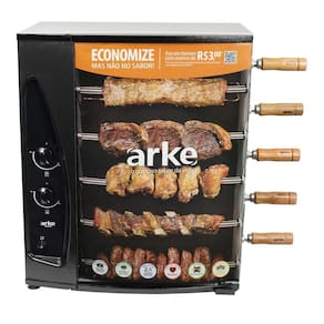 Churrasqueira a Gás Com 5 Espetos Giratórios Assador Rotativo Bivolt Aço Carbono GN Arke