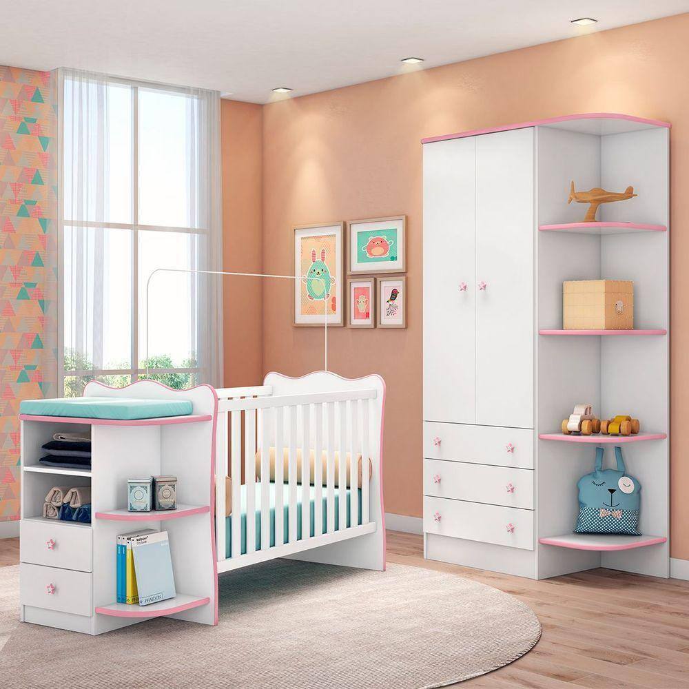 Jogo de Quarto Infantil Cama e Guarda Roupa Princesa Rosa em