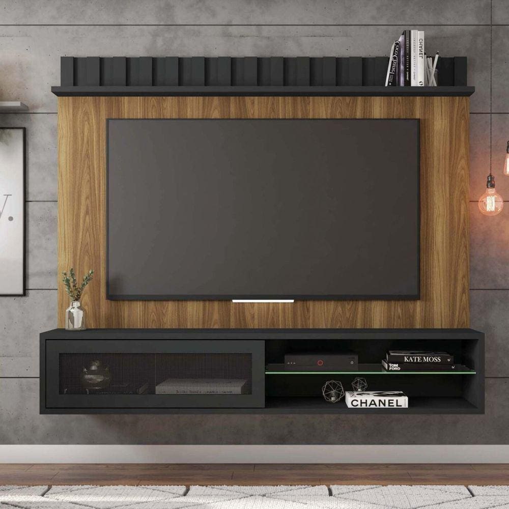 Painel para TV até 75 Polegadas 1 Porta 2 Nichos 1 Prateleira Thunder Caemmun Louro Freijó/Preto TX