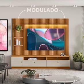 Rack com Painel Ripado 1 Modulo Lateral Esquerdo Ouro Preto Nature Off White Linea