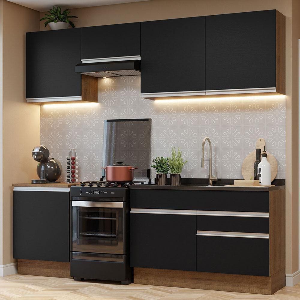 Armário De Cozinha Completa 240Cm Rustic/Preto Glamy Madesa